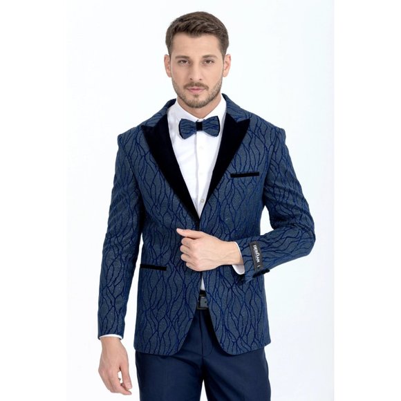 Derman Blue Silvery Patterned Fabric Tuxedo - Picture 5 of 7